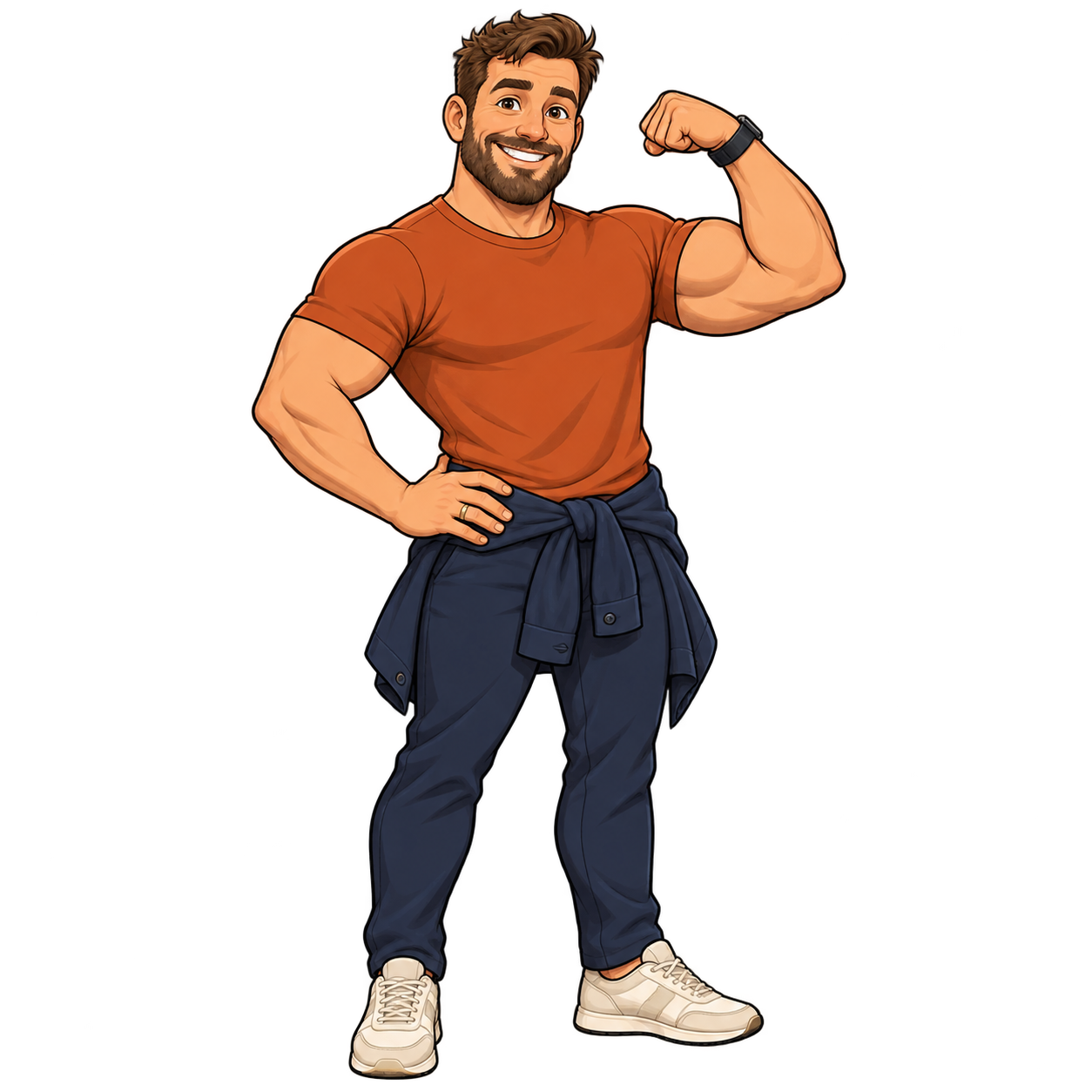 StrongDad: een vriendelijke, gespierde cartoonvader met een oranje shirt